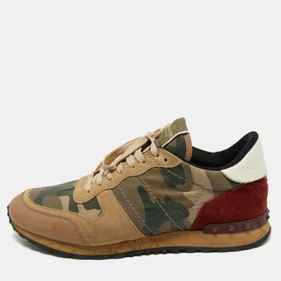 Pre-owned Valentino Garavani Multicolor Camouflage Leather And Suede Rockrunner Lace Up Sneakers Size 45