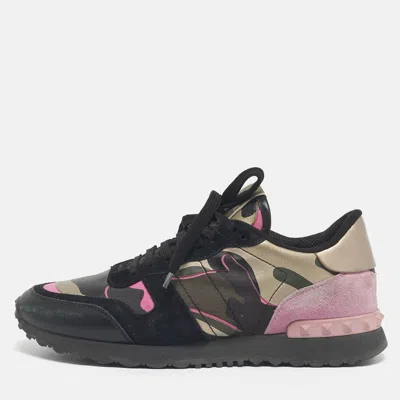 Pre-owned Valentino Garavani Multicolor Camouflage Suede And Leather Rockrunner Low Top Sneakers Size 38