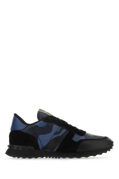 Valentino Garavani Multicolor Fabric And Nappa Leather Rockrunner Camouflage Sneakers In Bluettemarineneroneronewbaltiquene