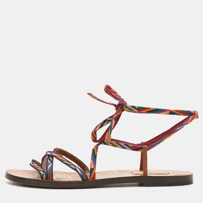 Pre-owned Valentino Garavani Multicolor Fabric Ankle Wrap Flat Sandals Size 36.5