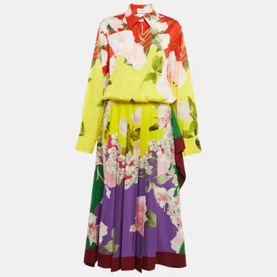 Pre-owned Valentino Multicolor Floral Print Silk Pleated Maxi Dress M