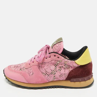 Pre-owned Valentino Garavani Multicolor Lace And Leather Lace Rockrunner Low Top Sneakers Size 40