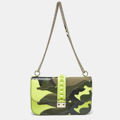 Pre-owned Valentino Garavani Multicolor Leather And Canvas Camouflage Medium Rockstud Glam Lock Flap Bag