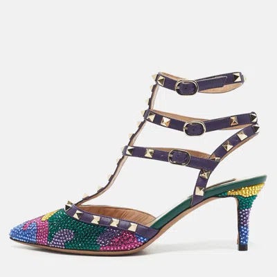 Pre-owned Valentino Garavani Multicolor Leather Crystal Embellished Rockstud Ankle Strap Pumps Size 39.5