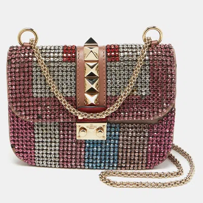 Pre-owned Valentino Garavani Multicolor Leather Crystal Embellished Small Glam Lock Shoulder Bag