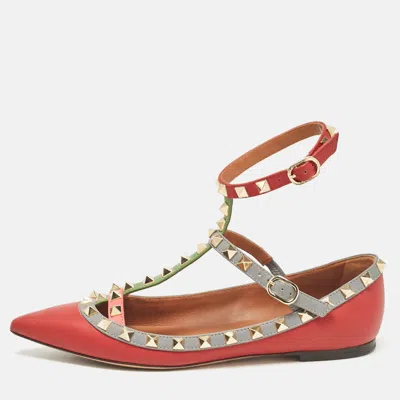 Pre-owned Valentino Garavani Multicolor Leather Rockstud Ankle Strap Ballet Flats Size 36 In Red