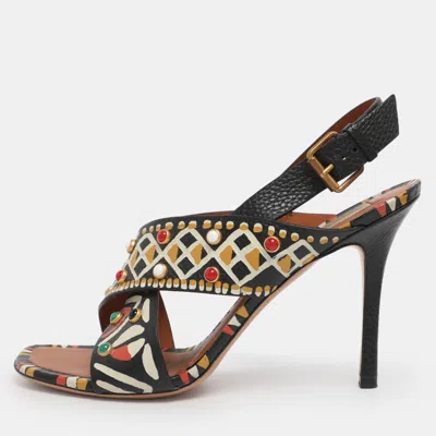 Pre-owned Valentino Garavani Multicolor Leather Studded Crossover Primitive Ankle Strap Sandals Size 38.5