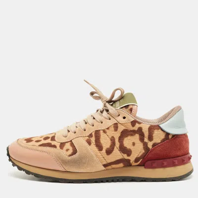 Pre-owned Valentino Garavani Multicolor Leopard Print Calfhair And Suede Rockrunner Sneakers Size 39