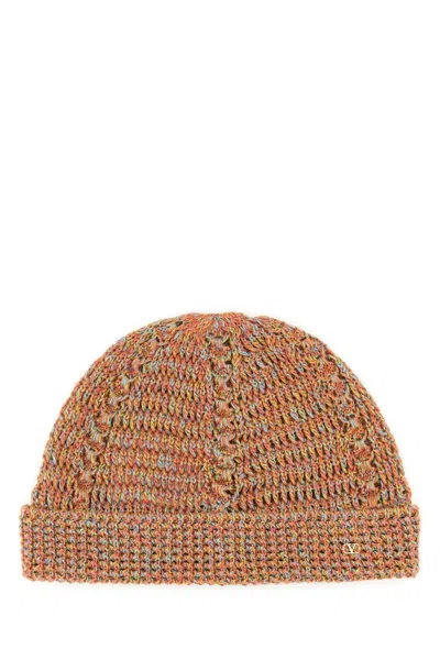 Valentino Garavani Multicolor Linen Blend Knitted Vlogo Signature Beanie Hat In Ocramouline