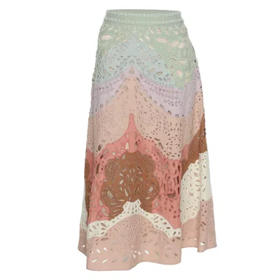 Pre-owned Valentino Multicolor Linen Laser Cut Beaded Embellished Skirt M