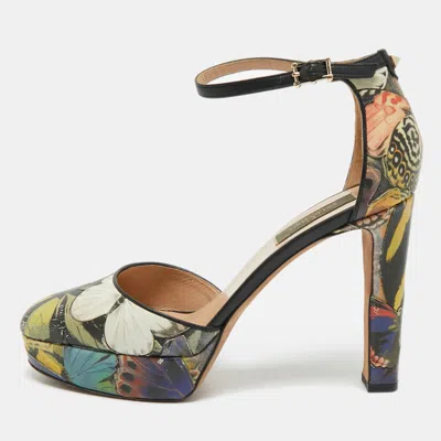 Pre-owned Valentino Garavani Multicolor Printed Leather Butterfly Ankle Strap Platform Pumps Size 38