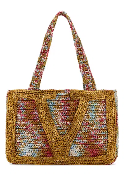 Valentino Garavani Multicolor Raffia Medium Vlogo Signature Shopping Bag In Brown
