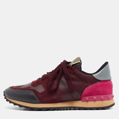 Pre-owned Valentino Garavani Multicolor Suede And Leather Rockrunner Sneakers Size 39 In Burgundy