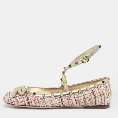 Pre-owned Valentino Garavani Multicolor Tweed And Leather Rockstud Ballet Flats Size 40