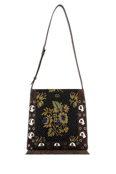 Valentino Garavani Multicolored Floral Crossbody Bag In Dark Brown With Fringes