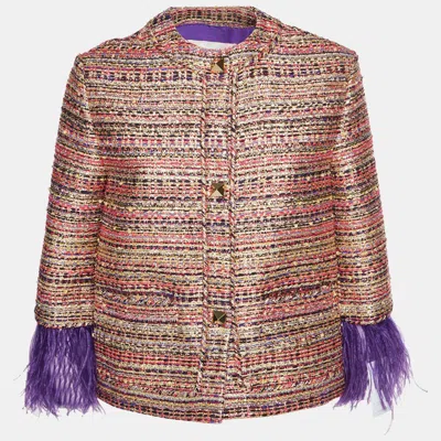 Pre-owned Valentino Multicolour Tweed Feather Detail Party Jacket Xs In Multicolor