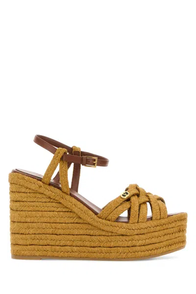 Valentino Garavani Mustard Raffia Vlogo Signature Wedges In Brown