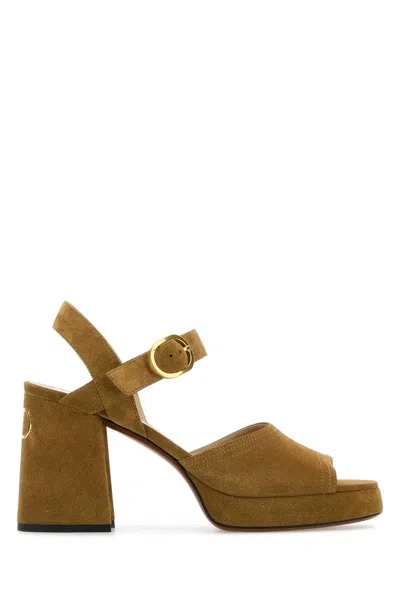 Valentino Garavani Mustard Suede Vlogo Signature Sandals In Brown