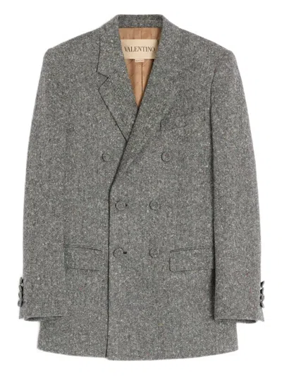 Valentino Double Breasted Boucle Wool Jacket In Gray