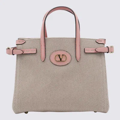 Valentino Garavani Natural And Pink Cotton Antibes Mini Totes In Natural/tabacco/peach Rose