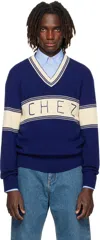 Valentino Embroidered Striped Virgin Wool And Cotton-blend Sweater In Blue