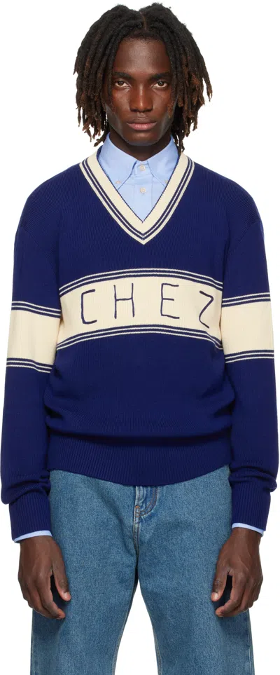 Valentino Navy & Beige 'chez ' Jacquard Pattern Sweater