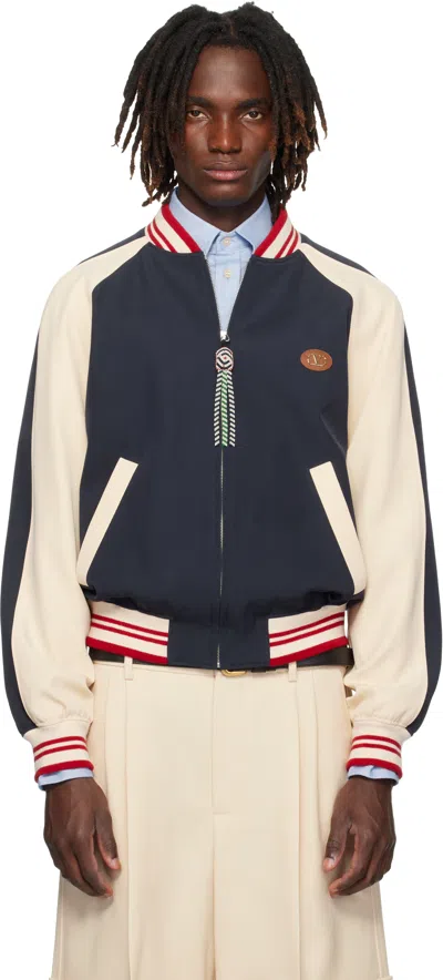 Valentino Navy & Beige 'le Chat De La Maison' Patch Bomber Jacket