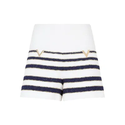 VALENTINO NAVY BLUE AND IVORY TWEED SHORTS WITH V GOLD DETAILS