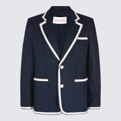 Valentino Single-breasted Jersey Cotton Jacket With Torchon Piping In Blue