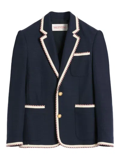 Valentino Single-breasted Jersey Cotton Jacket With Torchon Piping In Blue
