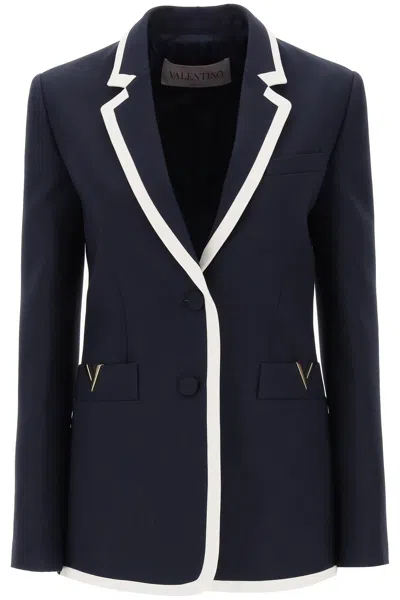 Valentino Navy Blue Crepe Couture Single-breasted Jacket With Gold-tone Detail In Black