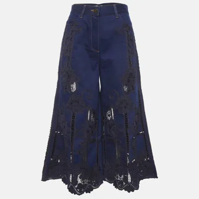 Pre-owned Valentino Navy Blue Embroidered Wide Leg Jeans S/waist 28"