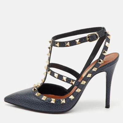 Pre-owned Valentino Garavani Navy Blue Leather Rockstud Ankle Strap Pumps Size 36