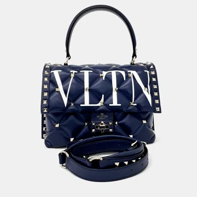 Pre-owned Valentino Garavani Navy Blue Leather Rockstud Tote And Shoulder Bag