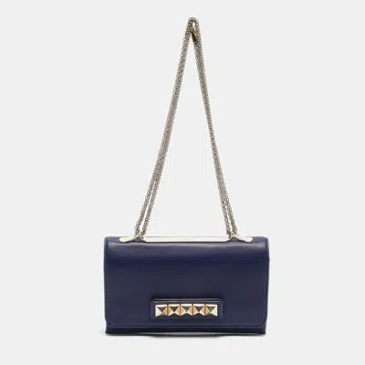 Pre-owned Valentino Garavani Navy Blue Leather Rockstud Va Va Voom Chain Clutch