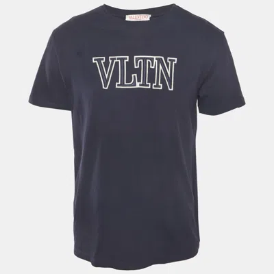 Pre-owned Valentino Navy Blue Logo Detail Jersey Crewneck T-shirt M