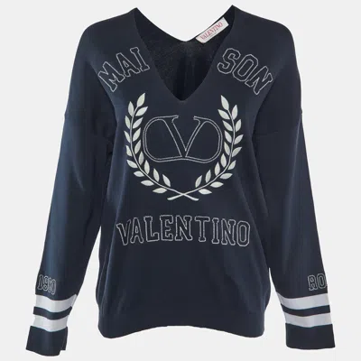 Pre-owned Valentino Navy Blue Logo Embroidered Cotton Knit Jumper S