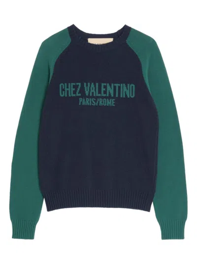 VALENTINO NAVY BLUE LOGO WOOL SWEATER