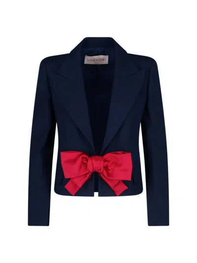 VALENTINO VALENTINO NAVY BLUE SINGLE-BUTTON BLAZER WITH RED BOW DETAIL