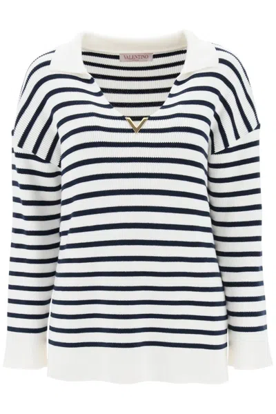 Valentino Navy Blue Striped Knit T-shirt For Women