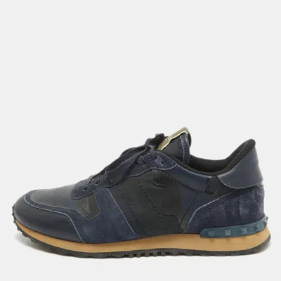 Pre-owned Valentino Garavani Navy Blue Suede And Leather Rockrunner Sneakers Size 45