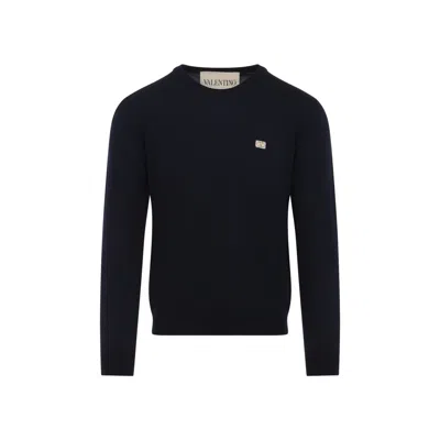 Valentino Navy Blue Virgin Wool Crewneck Sweater In Black