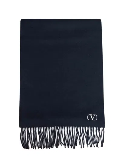 Valentino Navy Blue Virgin Wool Scarf With Vlogo Signature Embroidery