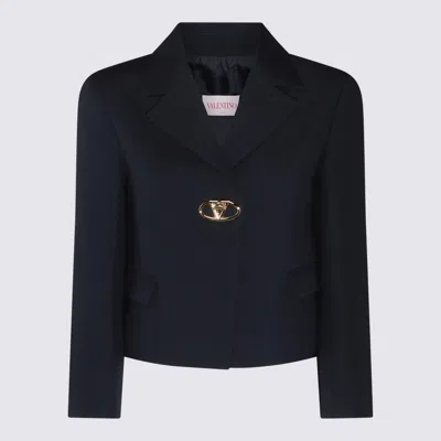 Valentino Single-breasted Navy Wool Crop Jacket In Black