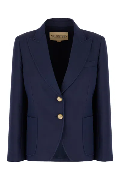 Valentino Single Breast Wool Silk Blazer In Blue