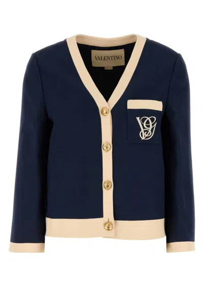 Valentino V-neck Wool Blend Blazer With Front Pocket In Blue