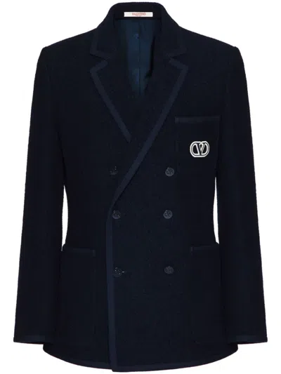 Valentino Navy Blue Wool Blend Double-breasted Jacket For Men