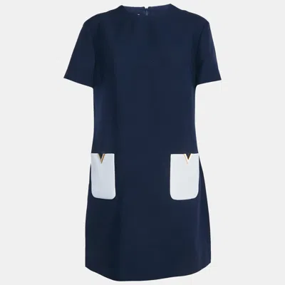 Pre-owned Valentino Navy Blue Wool Blend Pocket Detail Mini Dress L