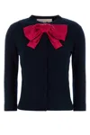 Valentino Wool Cardigan With Ribbed Cuffs And Bow Detail In Blue