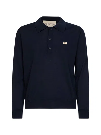 Valentino Navy Blue Wool Knit  Polo Shirt With Vlogo Patch